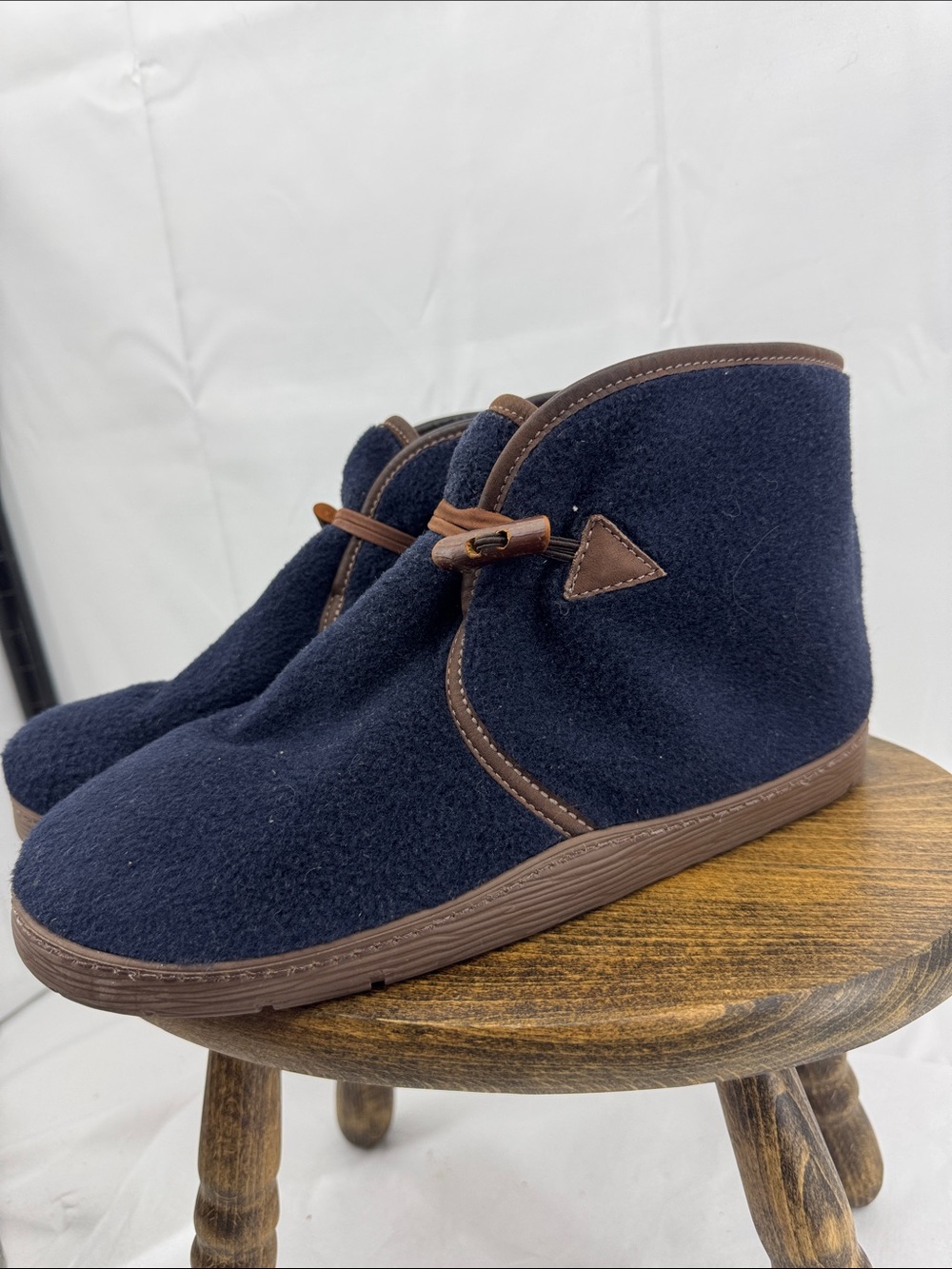 LL Bean Mens Navy Fleece Hard Rubber Soled Slippers Ankle Booties - sz M